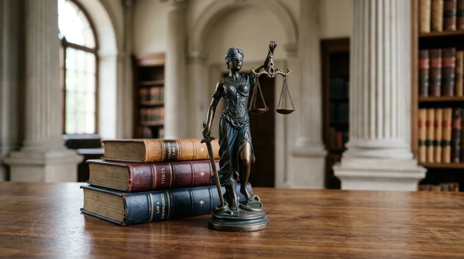 Scrivania di uno studio legale con il Codice Deontologico Forense aperto, una bilancia della giustizia in bronzo e un notebook con appunti sulla comunicazione professionale degli avvocati