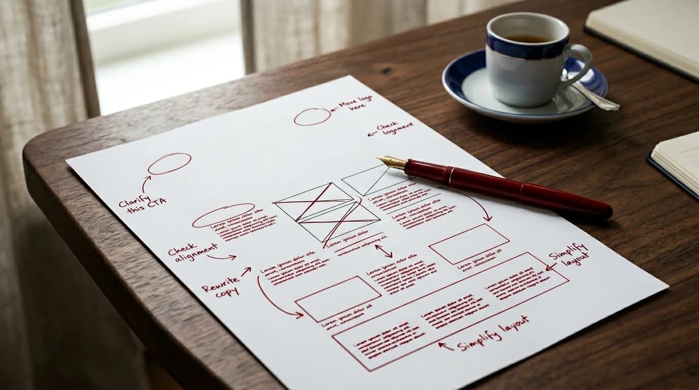 Audit di un sito web con annotazioni rosse sui punti critici