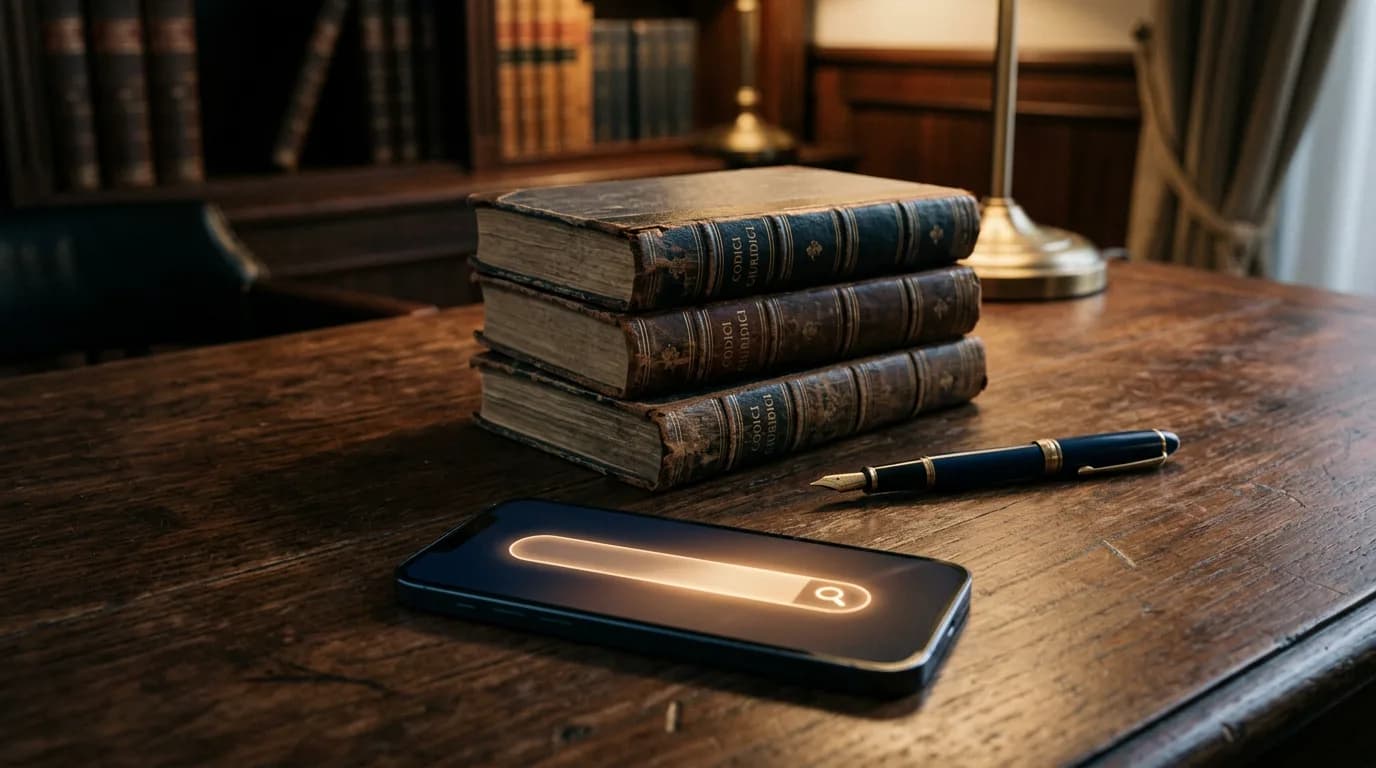 Scrivania di uno studio legale con codici, una penna stilografica e uno smartphone che mostra la ricerca del nome di un avvocato su Google