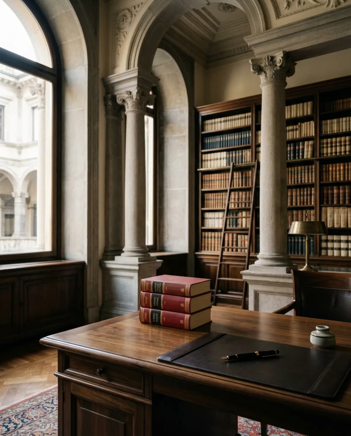 Interno di uno studio legale: scrivania, codici e colonne — la presenza online di un avvocato
