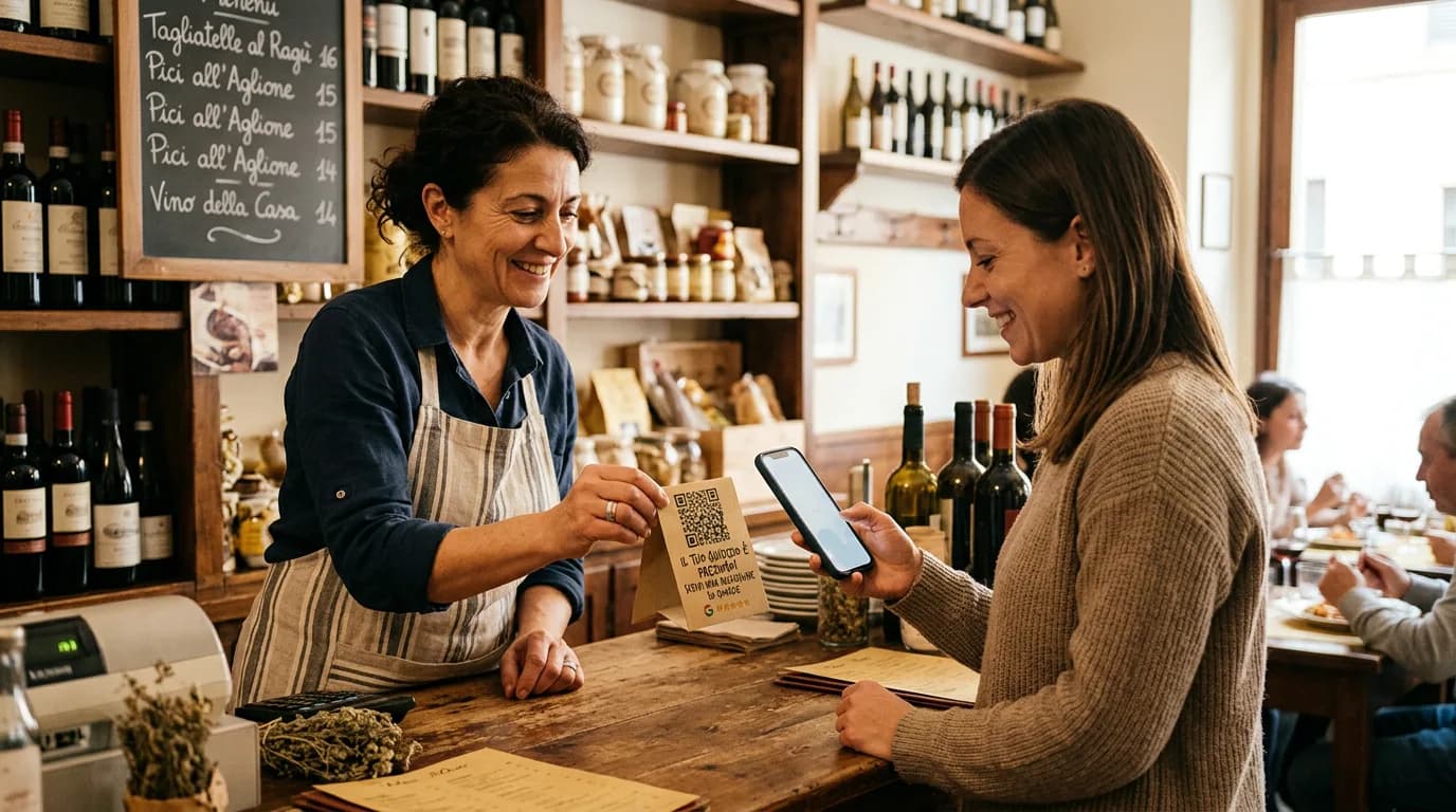 Titolare di una bottega italiana mostra a una cliente sorridente un cartoncino con QR code per lasciare una recensione su Google