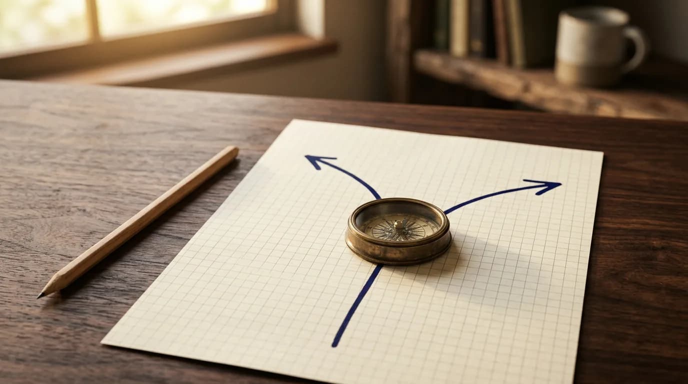 Diagramma disegnato a mano su carta a quadretti con un percorso che si biforca in due strade e una bussola di ottone appoggiata al punto di divisione