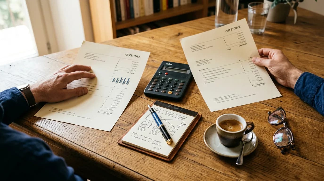 Scrivania in legno con un preventivo cartaceo, una calcolatrice, una penna e una tazza di caffè: un titolare di PMI confronta i numeri di un sito web