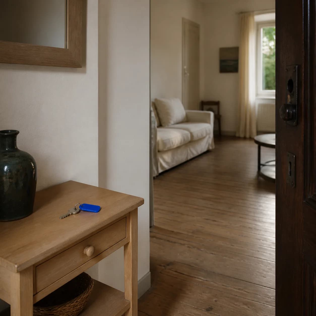 Una chiave con portachiavi blu è appoggiata sul tavolino d'ingresso di una casa arredata e illuminata dalla finestra.