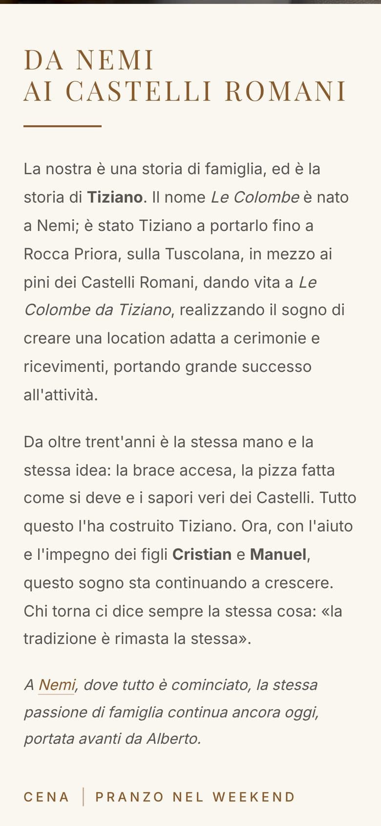 Il sito di Le Colombe da Tiziano da telefono, schermata 2 di 3