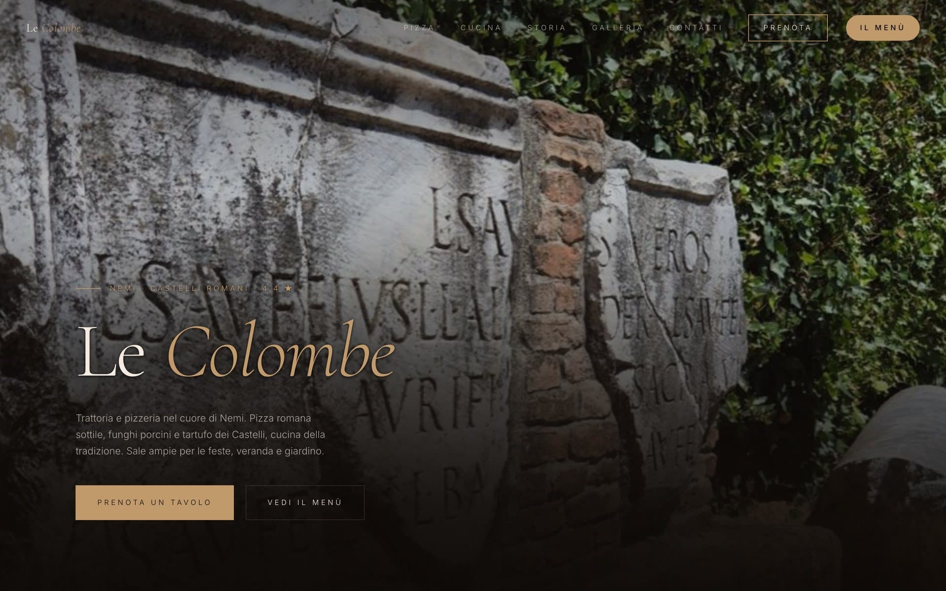 La home del sito di Le Colombe, Nemi, da computer