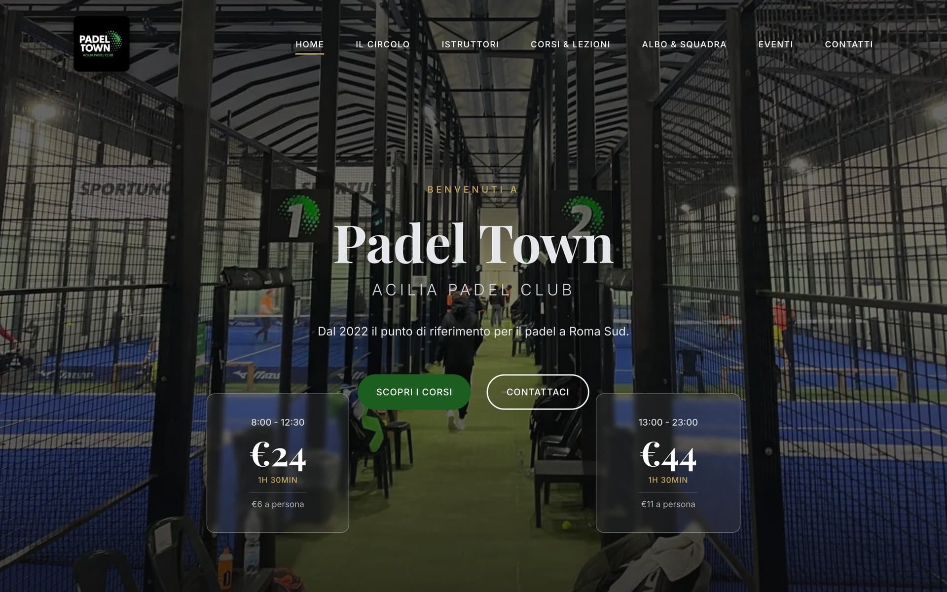 La home del sito di Padel Town, da computer