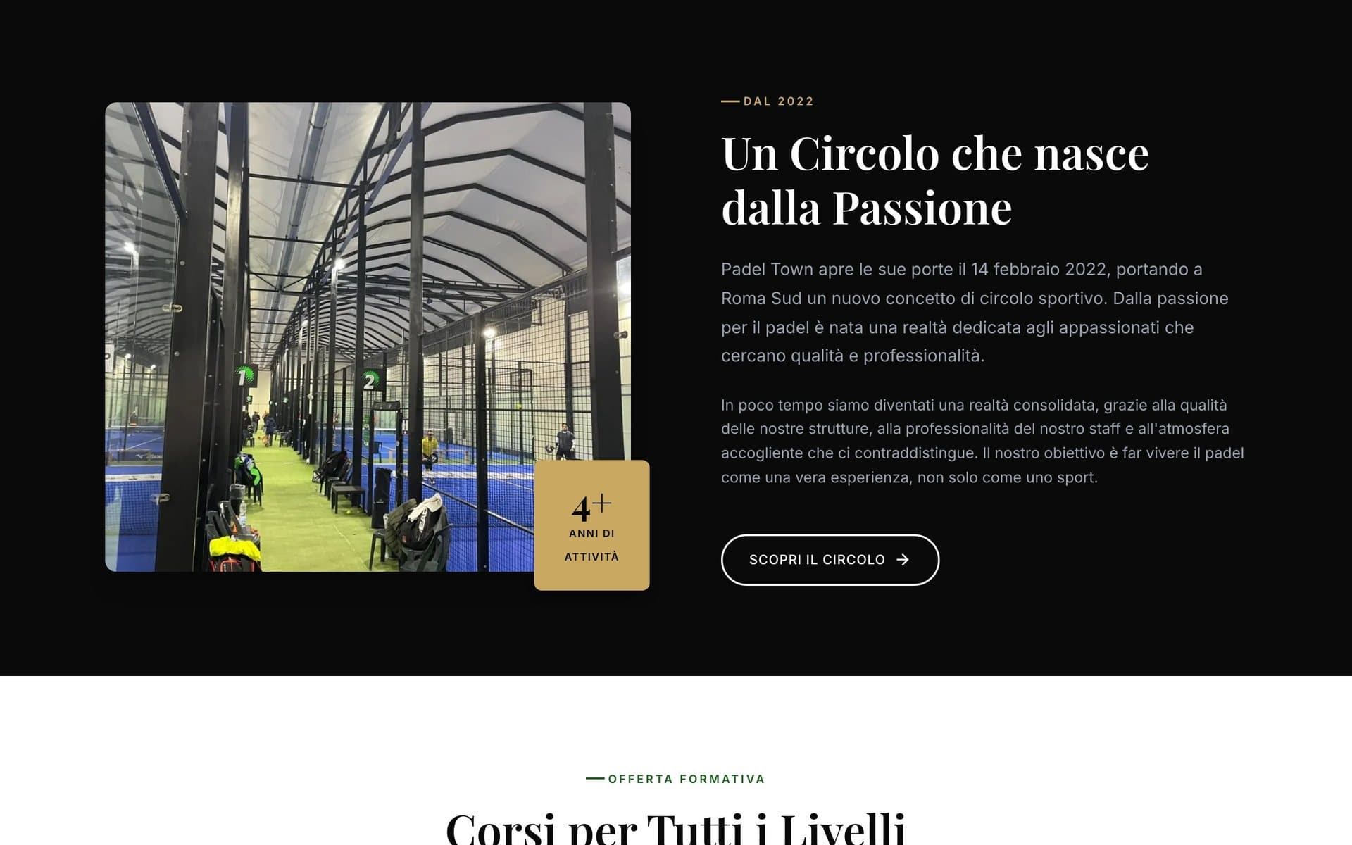 Una sezione del sito di Padel Town, da computer