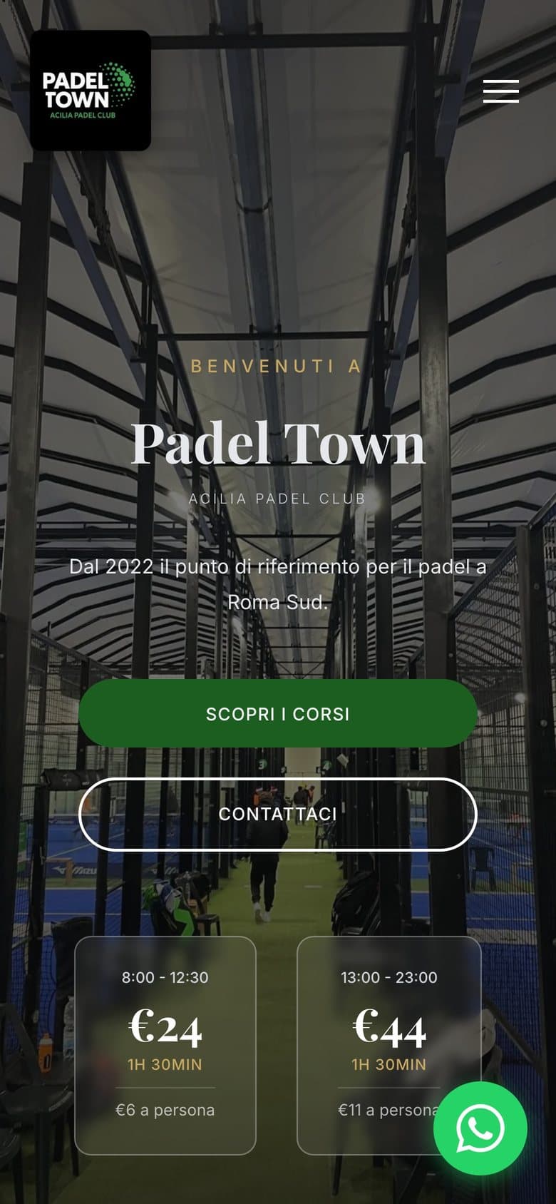 Il sito di Padel Town da telefono, schermata 1 di 3