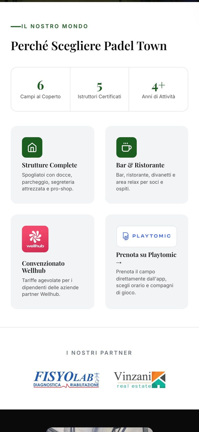 Il sito di Padel Town da telefono, schermata 2 di 3