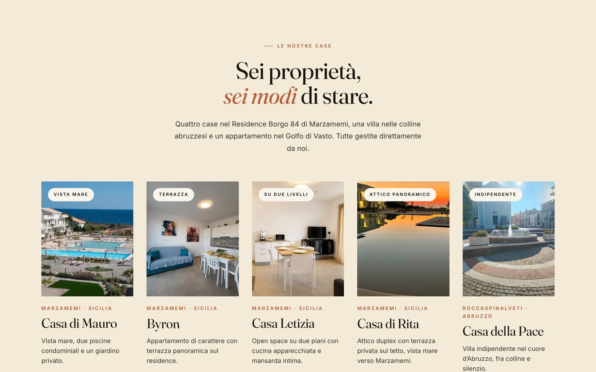 Una sezione del sito di Agenzia Pinuccia's Holiday Homes, da computer