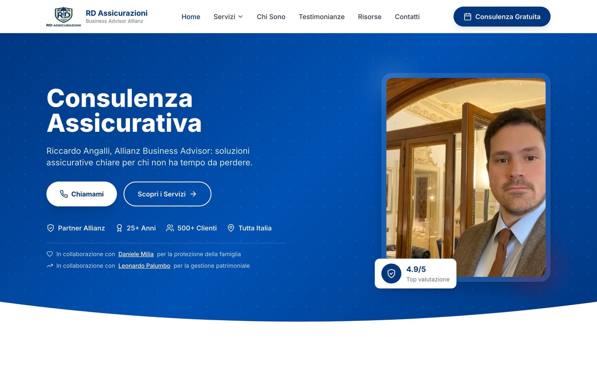 La home del sito di RD Assicurazioni, da computer
