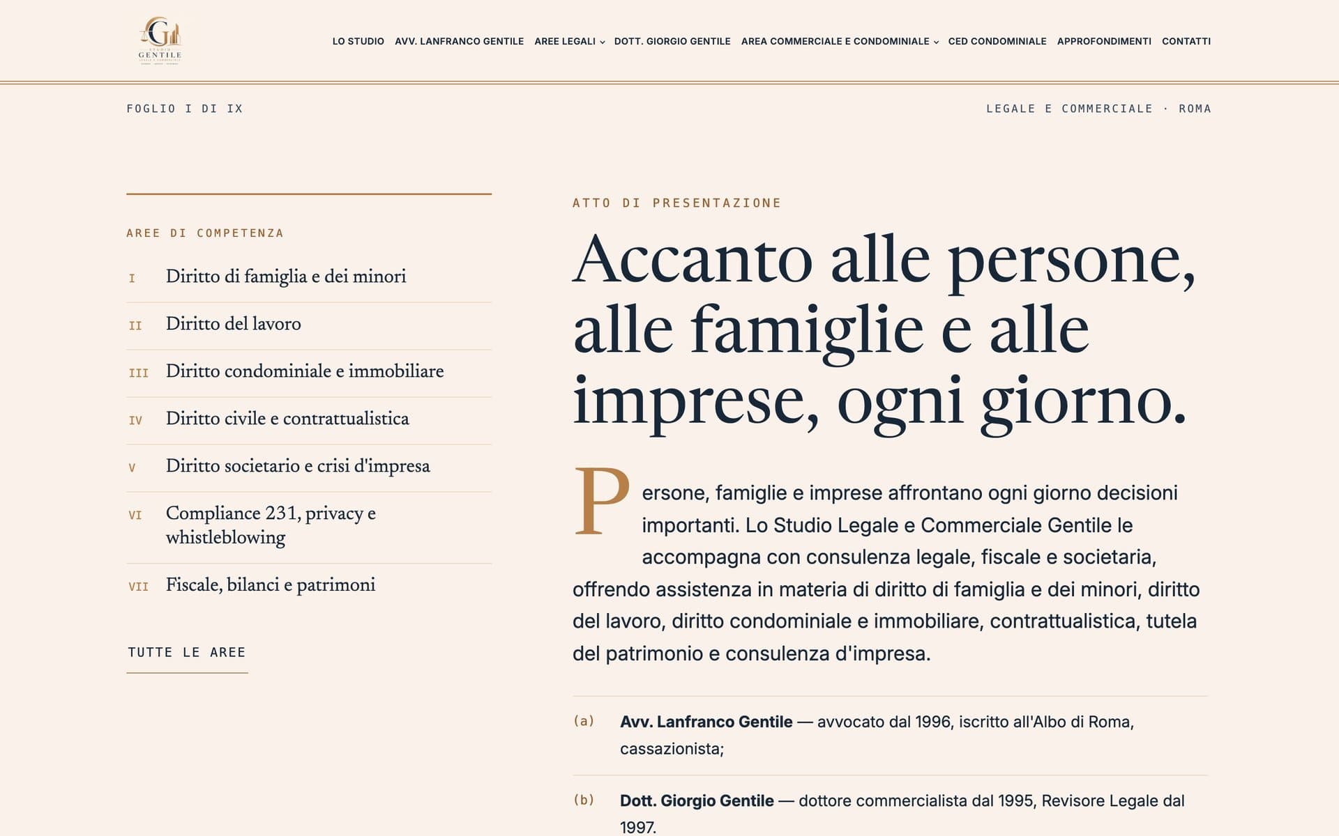 La home del sito di Studio Legale e Commerciale Gentile, da computer