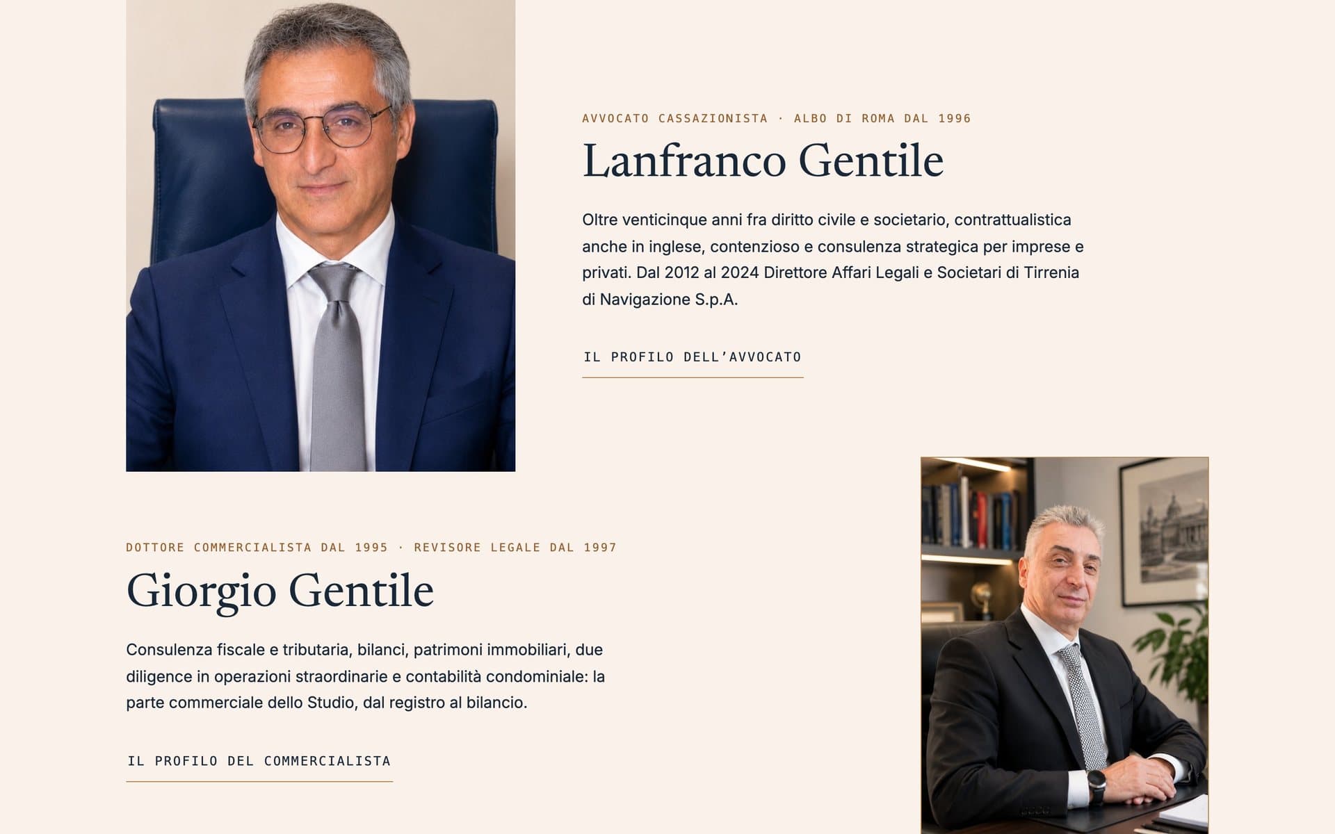 Una sezione del sito di Studio Legale e Commerciale Gentile, da computer