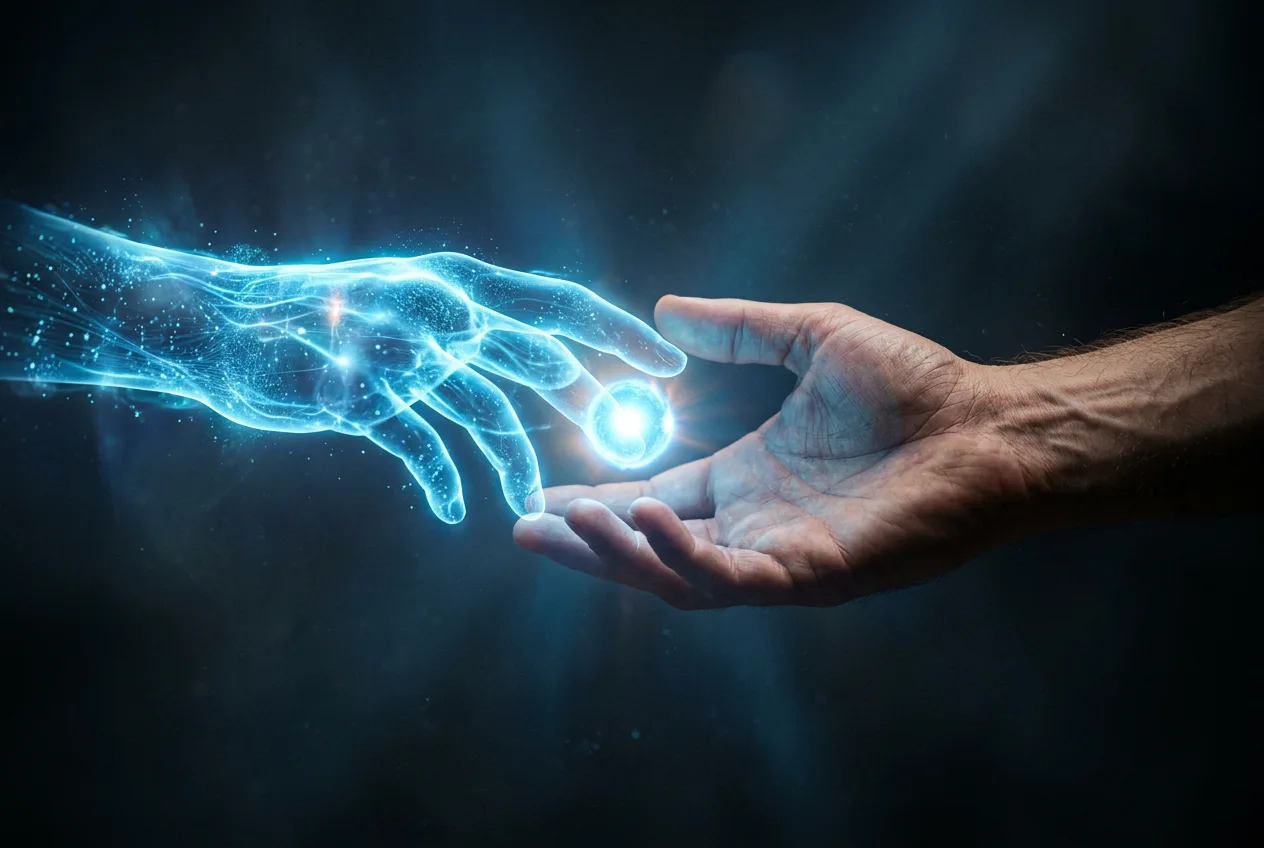 Una mano luminosa passa una sfera a una mano umana: illustrazione del passaggio a una persona