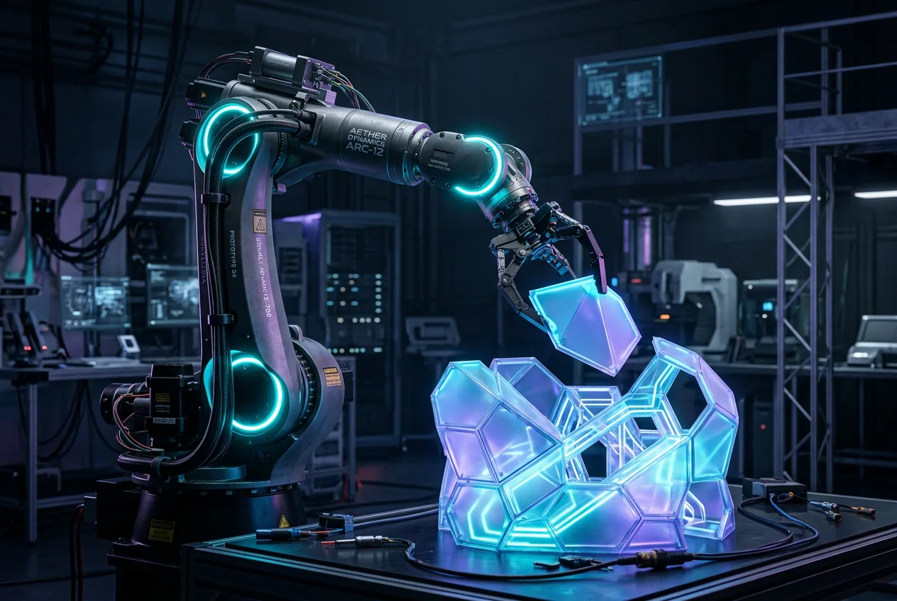 Braccio robotico che assembla moduli: illustrazione del processo di costruzione